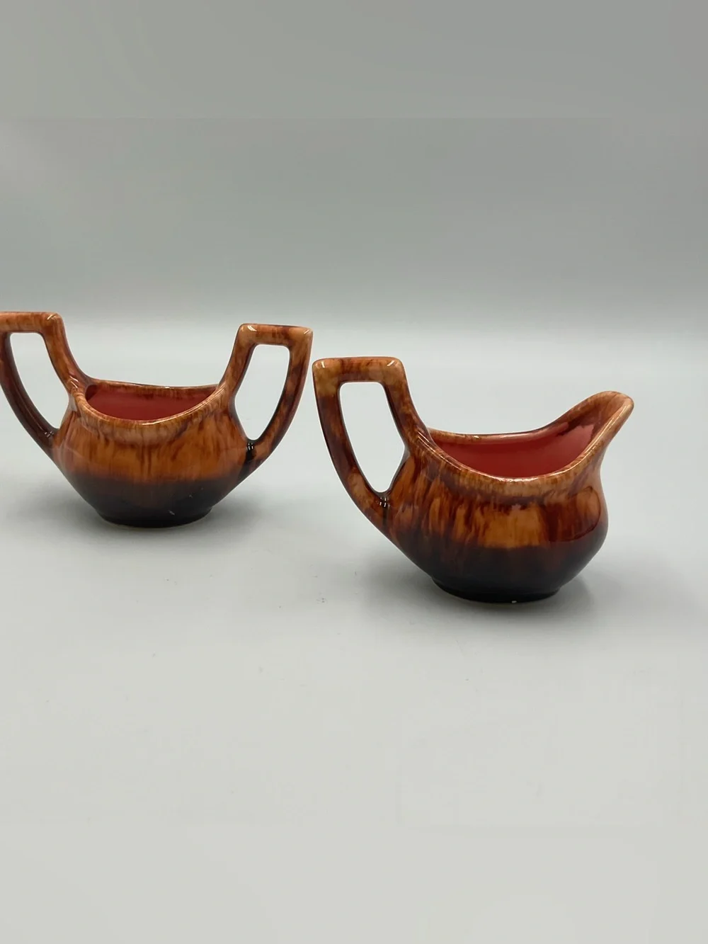 Retro Vintage Brown Drip Glaze Cream & Sugar Set Cat Eyes MCM Signed Pottery